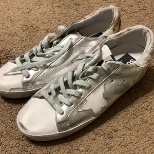 Golden goose superstar silver metallic with calf hair heel
